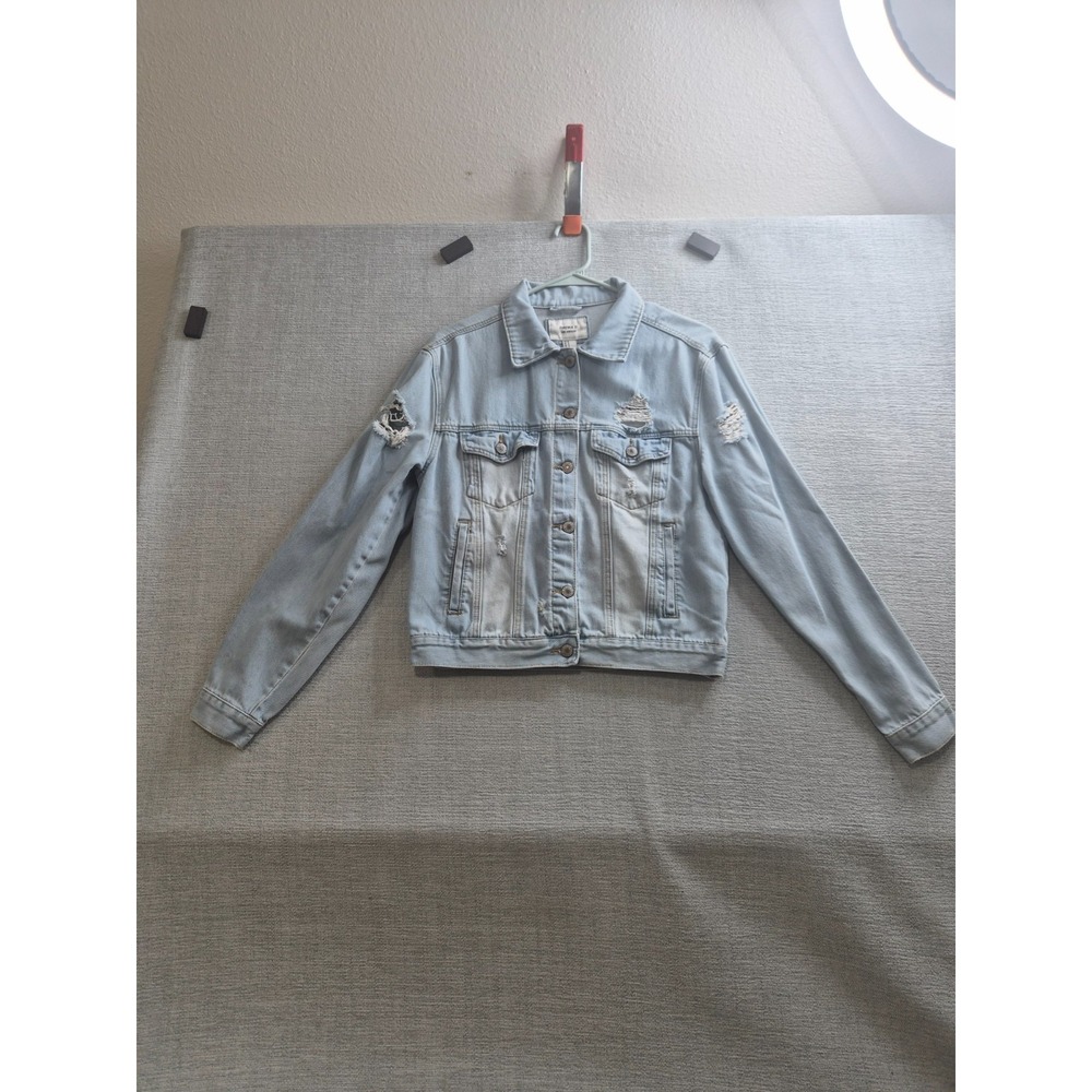 Forever 21 Los Angeles Distressed Denim Trucker Jacket Girls M Blue Button Front